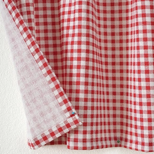 Red and white checkered thick cotton linen cafe curtain with natural fabric texture