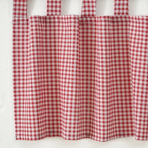 Classic red gingham checkered cotton cafe curtain with hanging loops for kitchen windows