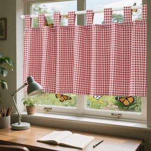 Red and white checkered cafe curtain with 3D butterfly accents and tab top design