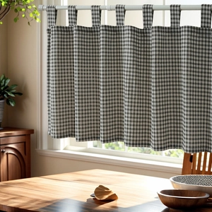 Gingham Tab Top Cafe Curtain Cotton Blend Semi Sheer Short Window Treatment For Kitchen Bedroom Bathroom Home Decor