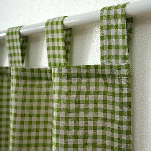 Green and white gingham cafe curtain with thick cotton linen fabric and tab top design