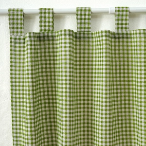 Green and white gingham tab top cafe curtain made of cotton linen for kitchens