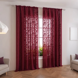 Elegant wine red lace sheer curtains with floral jacquard pattern for living room
