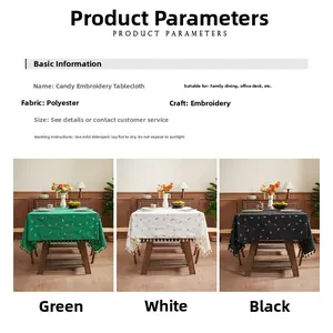 Detailed size chart and multi-color candy embroidered polyester tablecloths with tassels