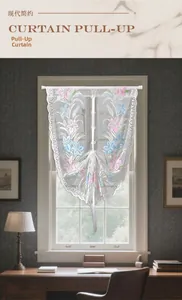 Detail of white lace pull-up curtain with lily floral embroidery and scalloped edges