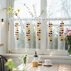 Modern Minimalist Polyester Cafe Curtains With Leaf Embroidery Pom Pom Trim Rod Pocket Small Curtains For Kitchen Cabinet Window Decor