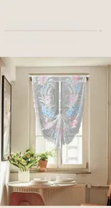 Detail of white lace roman curtain with floral embroidery and adjustable drawstrings