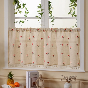 Country style linen cafe curtain with red cherry embroidery and tassel trim for kitchens