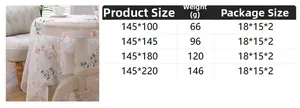 Size chart for floral embroidery lace tablecloth showing dimensions and product weight