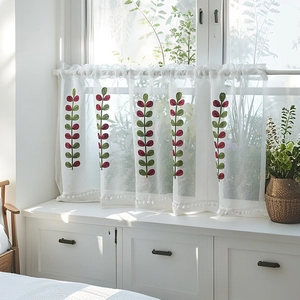 Embroidered Leaf Cafe Curtain Polyester Semi Transparent Rod Pocket Short Valance With Pom Poms For Kitchen Cabinet