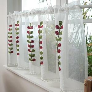 Minimalist polyester cafe curtain with leaf embroidery and white pom-pom trim for kitchen