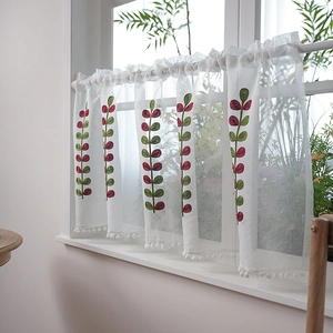 Short cafe curtain with red and green leaf embroidery and white pom-pom trim for windows