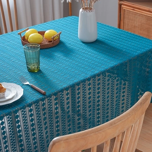 Peacock blue geometric lace tablecloth in hollow design for home dining table decoration