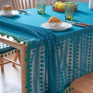 Elegant dark cyan lace tablecloth with fringe tassels and geometric hollow patterns