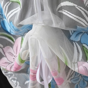 Lace Roman curtain with lily floral print on white mesh fabric and silk drawstring