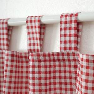 Red and white checkered cotton linen cafe curtain with tab top design on white rod