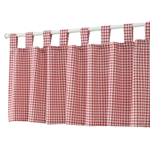 Thick red and white checkered cafe curtain with tab top hanging on a white rod
