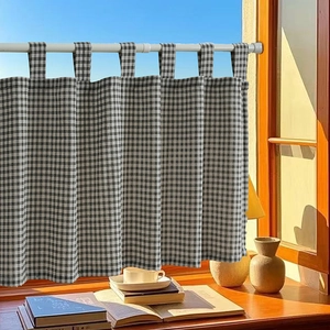 Thick cotton linen black and white checkered cafe curtain with tab top for window decor