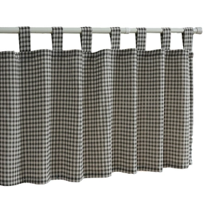Grey gingham cotton linen tab top cafe curtain for kitchen or bathroom windows
