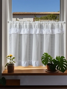 Close-up of white semi-transparent cafe curtain with vertical stripes and ruffled top edge