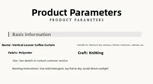 Detailed fabric specifications and washing instructions for the vertical polyester cafe curtain