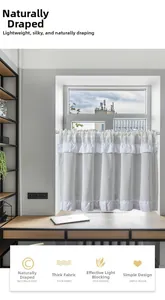 Detailed close-up of thick white striped cafe curtain with elegant ruffled edges
