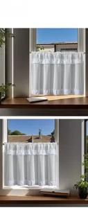 Detail of white vertical stripe cafe curtain with elegant ruffled edges and rod pocket