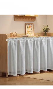 Detailed texture of white vertical striped semi-sheer cafe curtain with soft light