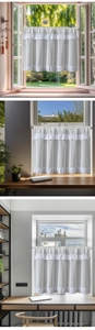 Vertical striped white cafe curtains with tiered layers and ruffle top for small windows