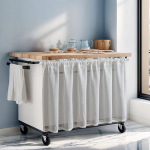 Kitchen island cart with white vertical stripe curtain and natural wood countertop