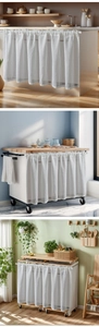 Vertical striped white café curtains styled in kitchen and living room settings