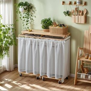 Modern white minimalist window curtain for kitchen cabinets and wooden storage trolleys