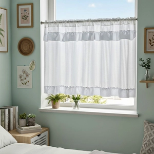White semi-transparent tiered ruffle cafe curtain with light stripe texture and rod pocket