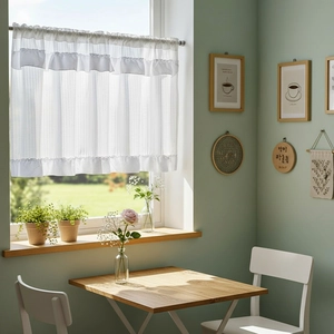 Elegant white cafe curtain with vertical stripes and double ruffled top for kitchen windows