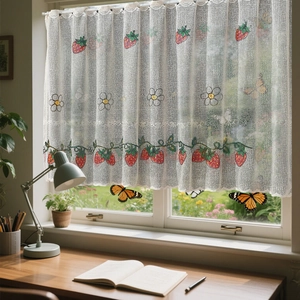 American Style Embroidery Cafe Curtains White Sheer Lace Strawberry Lemon Pattern Kitchen Window Valance Short Curtains