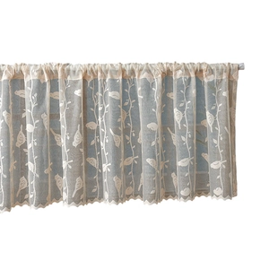 Tenda da caffè in pizzo beige con motivo di uccelli ricamati e bordo smerlato elegante