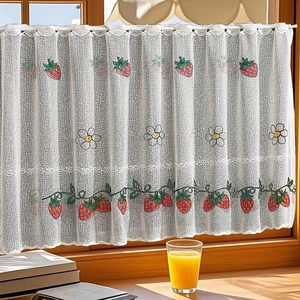 Rustic cafe curtain with strawberry embroidery and daisy patterns on beige lace mesh