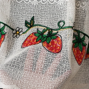 White lace cafe curtain featuring exquisite strawberry embroidery and net texture