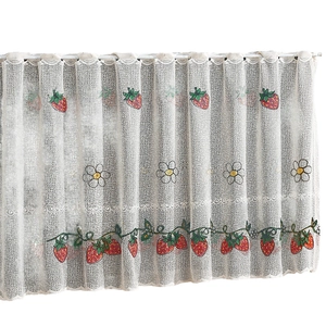 White lace cafe curtain with embroidered strawberries and daisies in a pole pocket design