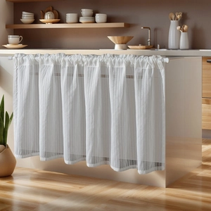 White Cafe Curtain Vertical Stripes Ruffled Semi-Transparent Polyester Short Cabinet Curtain For Kitchen Small Window