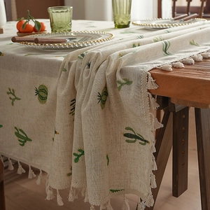 Tablecloth Polyester Linen Texture Cactus Wheat Embroidery With Tassels Dustproof Decorative Rectangular Pastoral Style