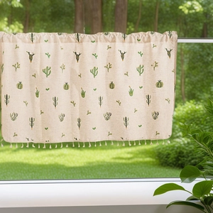 Cactus Embroidered Coffee Curtain Linen Texture Half Curtain With Tassel Trim For Kitchen Bedroom Farmhouse Style