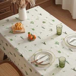 Minimalist linen tablecloth with cactus embroidery and elegant tassels for home decor