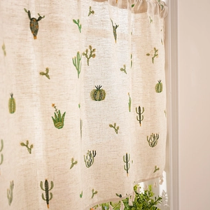 Linen cafe curtain with cactus embroidery and tassel trim for rustic kitchen windows