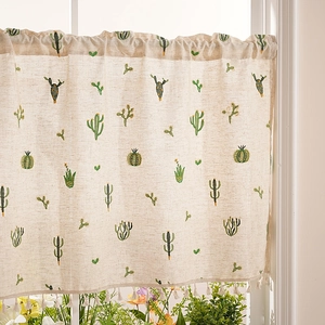 Linen cafe curtain with green cactus embroidery and tassels for kitchen small windows