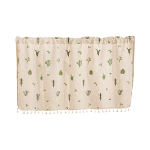 Linen cafe curtain featuring green cactus prints and beige tassels on the bottom hem