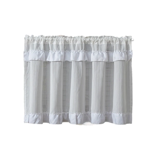 Modern white ruffled cafe curtain with vertical stripes and rod pocket design