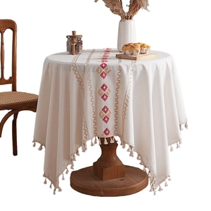 Waterproof embroidered cotton-linen tablecloth with geometric patterns and fringe