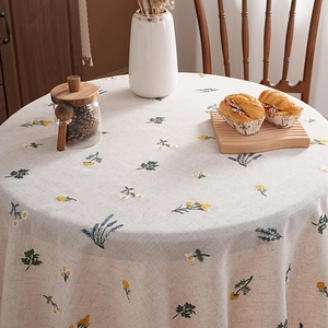 Round linen tablecloth with floral embroidery, elegant rustic dustproof home dining cover