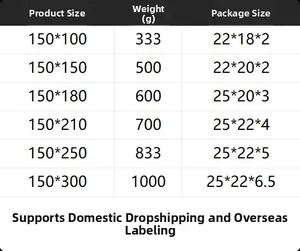 Size chart for floral tablecloth showing dimensions, weight, and packaging details